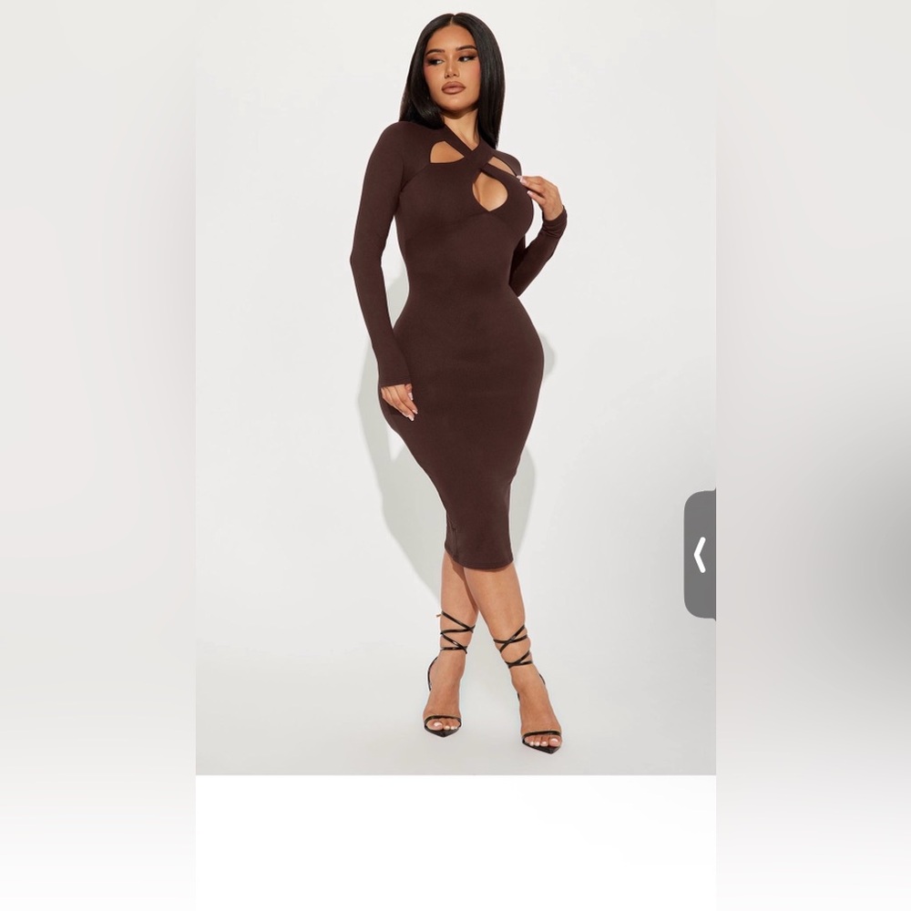 Long Sleeve Brown Cutout Bodycon Midi Dress